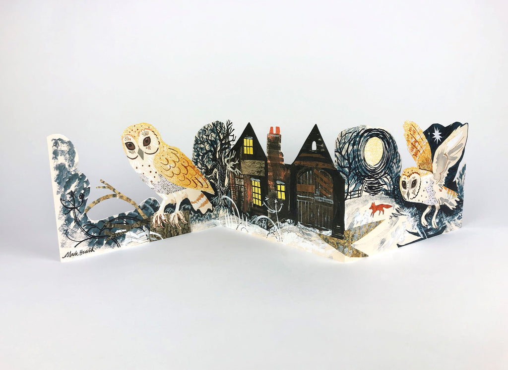 Barn owls perched on branches flanking a snow-covered house at night; a flying owl and fox are also depicted in this