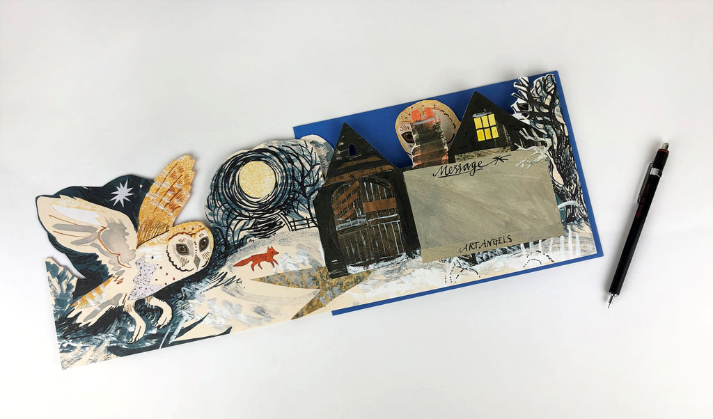 Intricate pop-up card depicting a barn owl in flight, a fox, and a moonlit house.