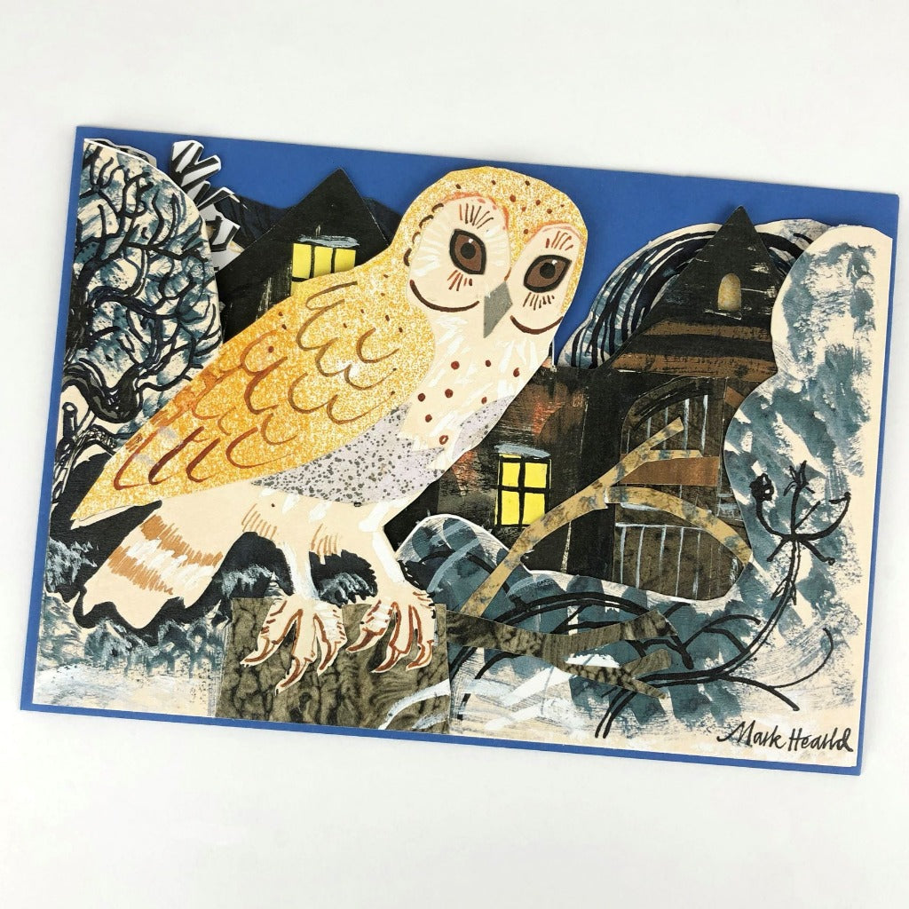 Collage artwork of a barn owl perched on a branch at night, against a backdrop of houses with illuminated windows.
