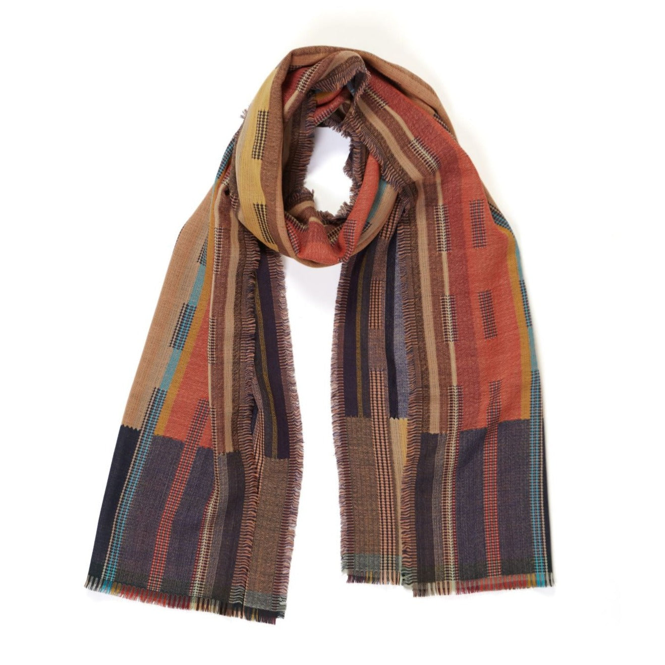 Woven scarf in autumnal colors; features a multicolored geometric pattern with shades of brown, orange, and teal.