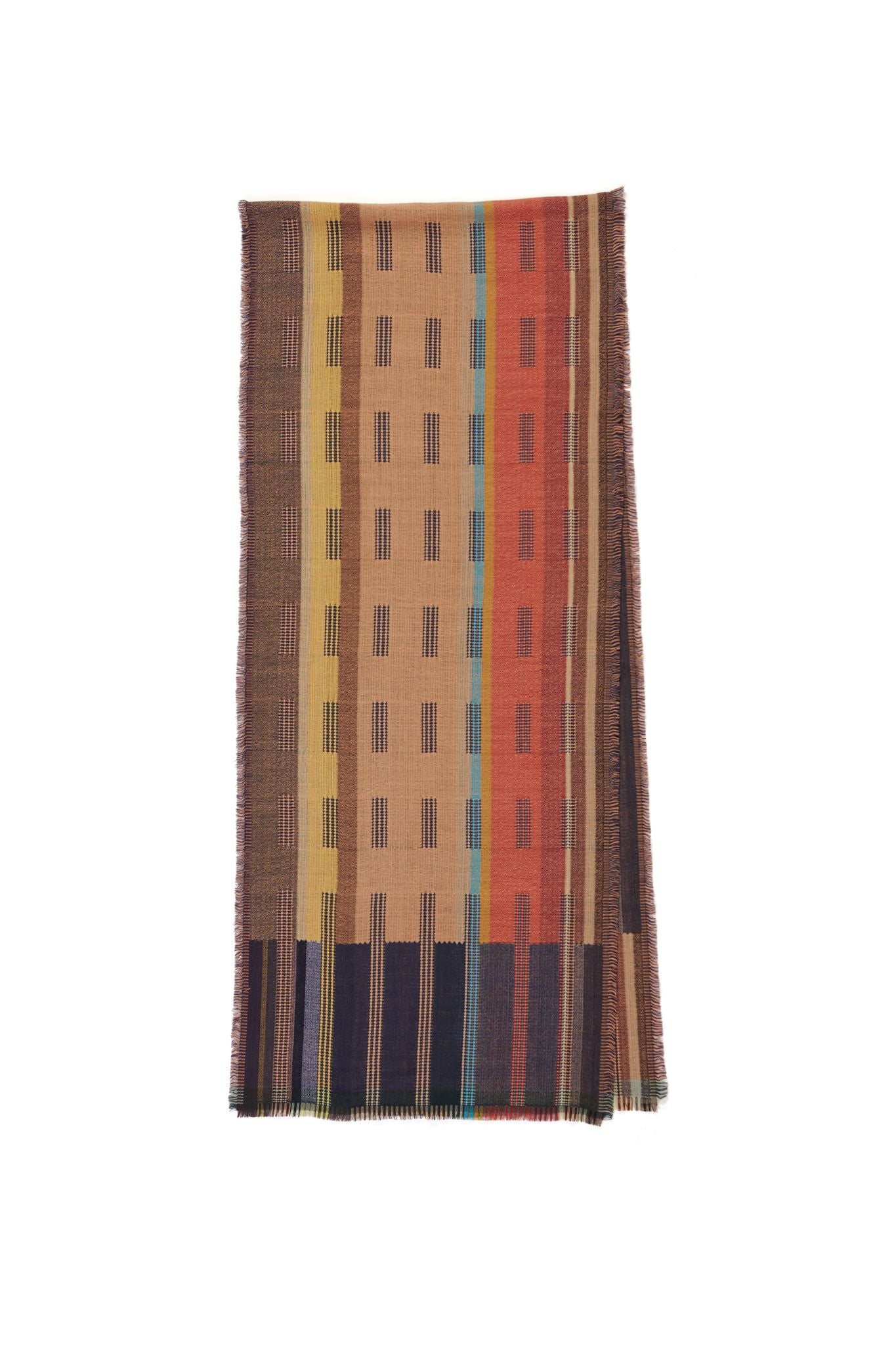 Multicolored woven scarf with vertical stripes in beige, red, and teal, accented by dark brown and yellow geometric patterns.