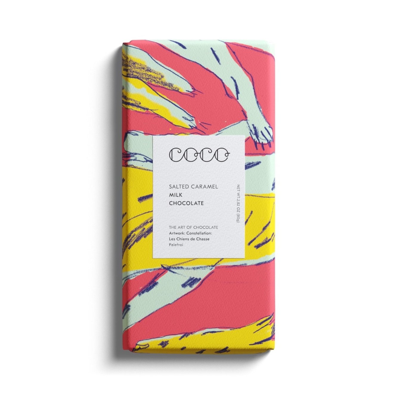Salted caramel milk chocolate bar with colorful abstract artwork on the packaging.
