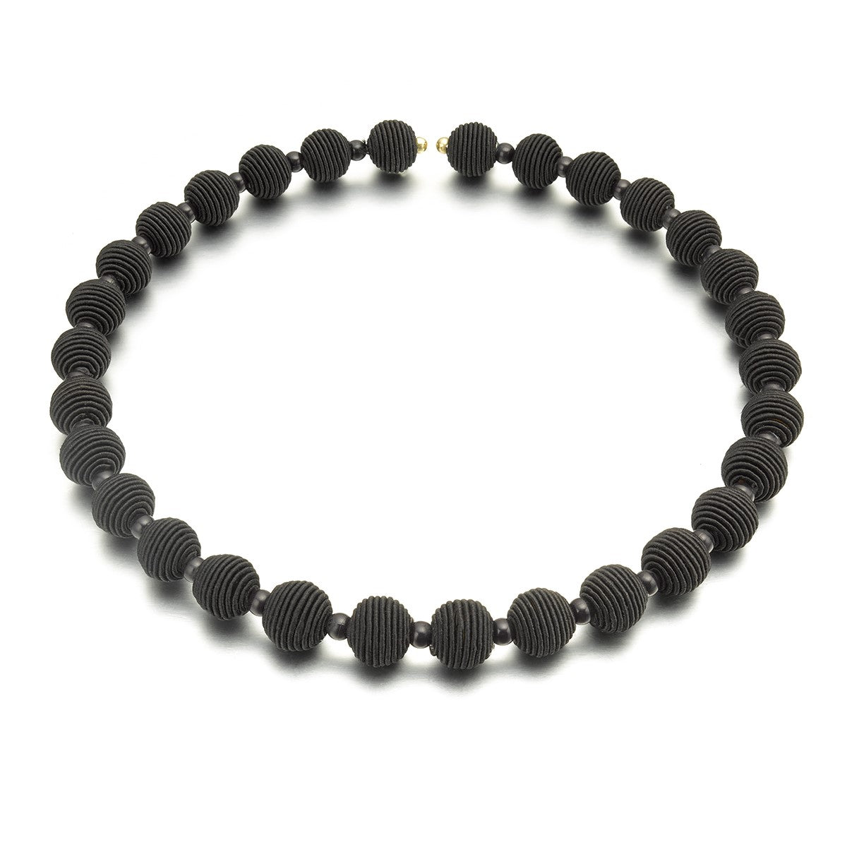 Black beaded necklace with textured, round beads.
