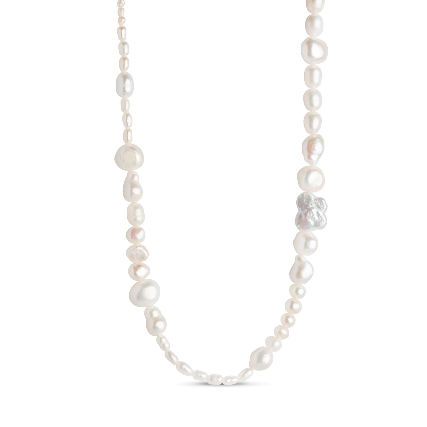 Long necklace of off-white baroque pearls of varying sizes.