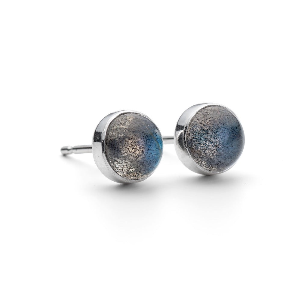 Pair of silver stud earrings featuring round labradorite gemstones.