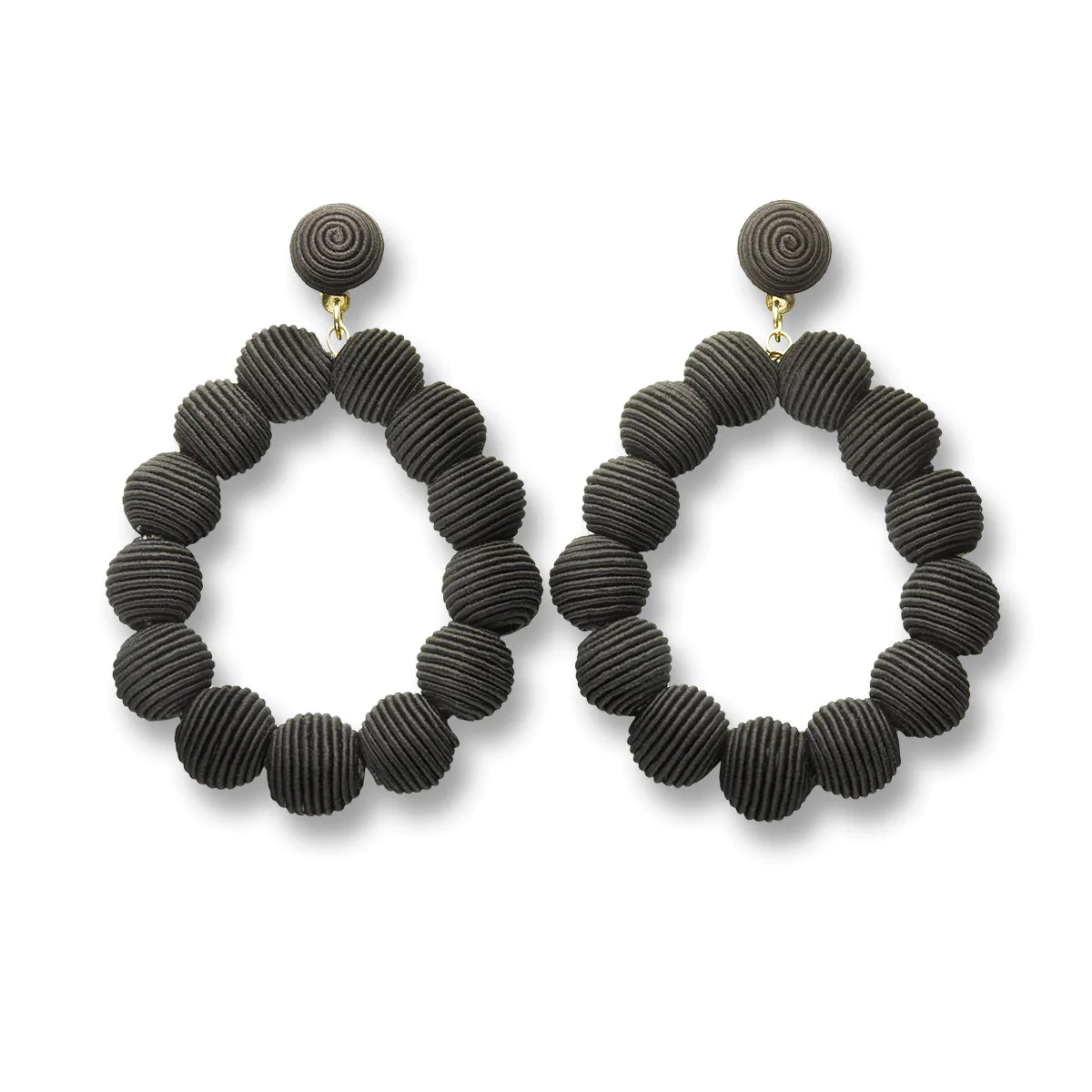 Pair of dark gray hoop earrings. Each hoop is composed of numerous small, textured spherical beads.  Gold-toned ear wires.