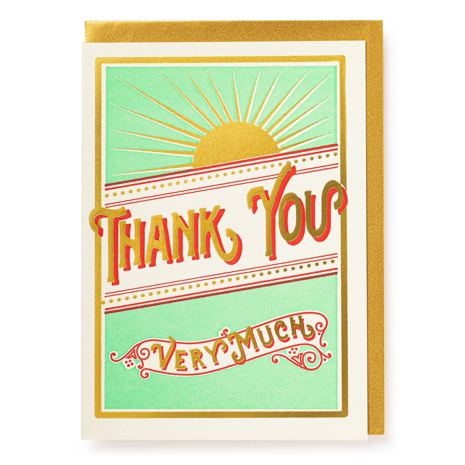 Thank you card with gold and red lettering, a rising sun graphic, and a mint green background.
