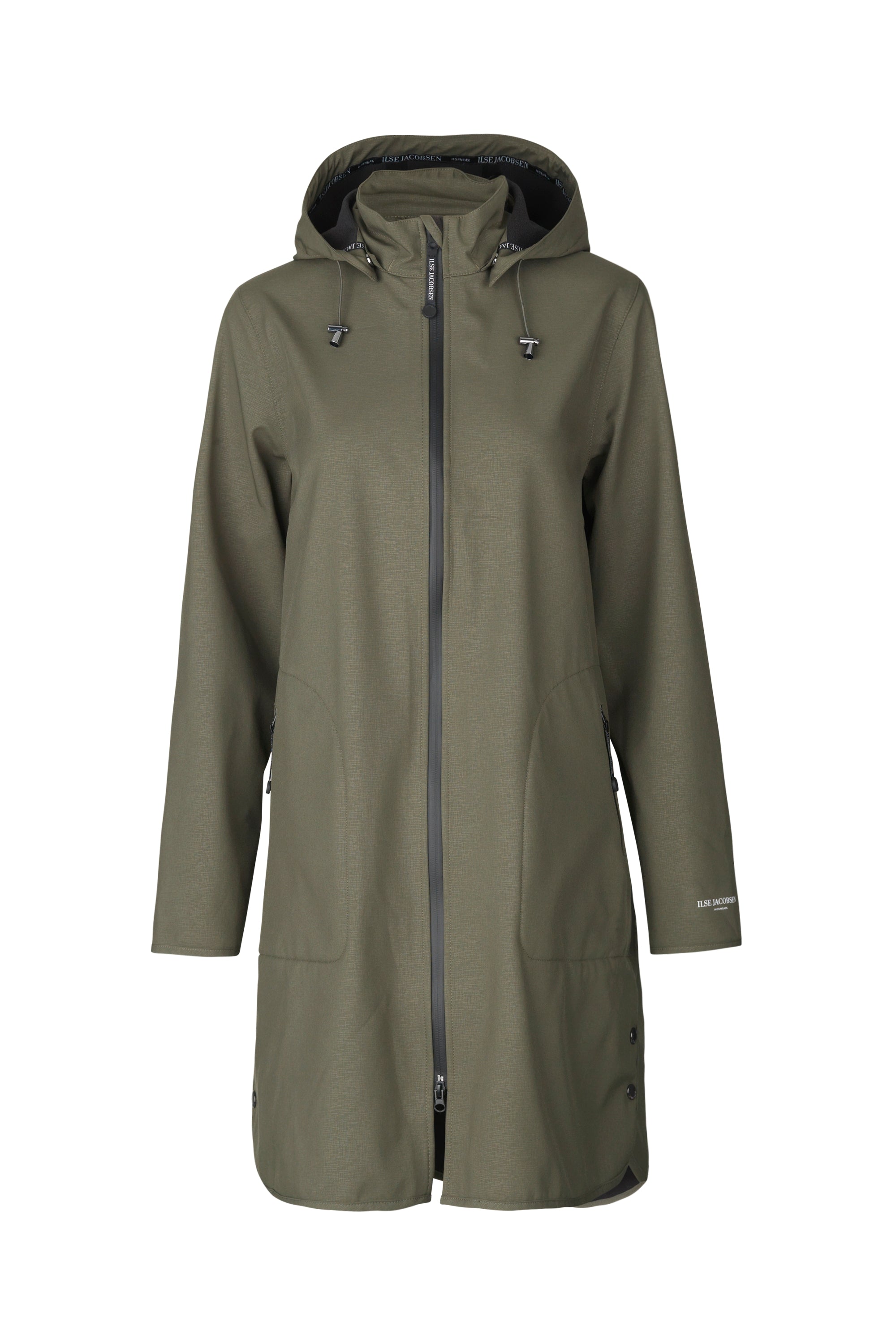 Olive green Ilse Jacobsen Hornbæk hooded raincoat, long sleeves, black zipper, and subtle texture.