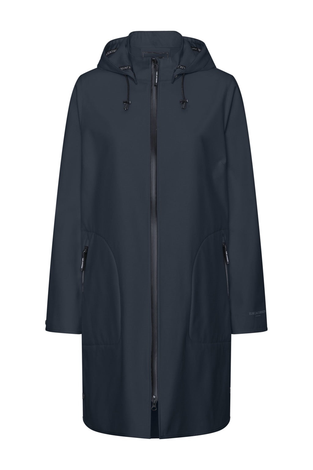 Dark navy blue Ilsa Jacobsen raincoat with a full-length zipper, a hood, and side pockets. Smooth, matte texture.
