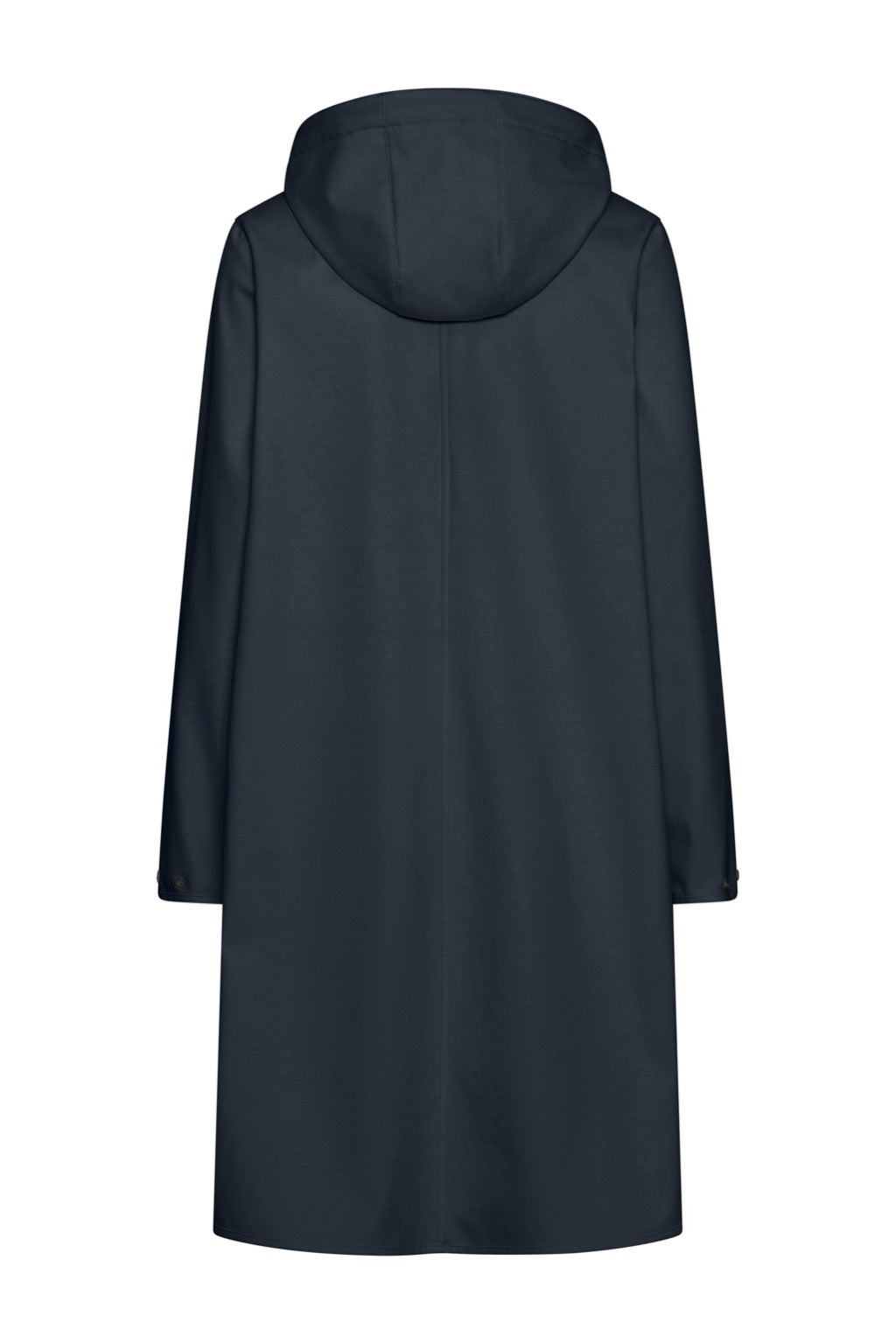 Dark navy hooded raincoat, long sleeves, rear view. Smooth, matte fabric. Simple, minimalist design.
