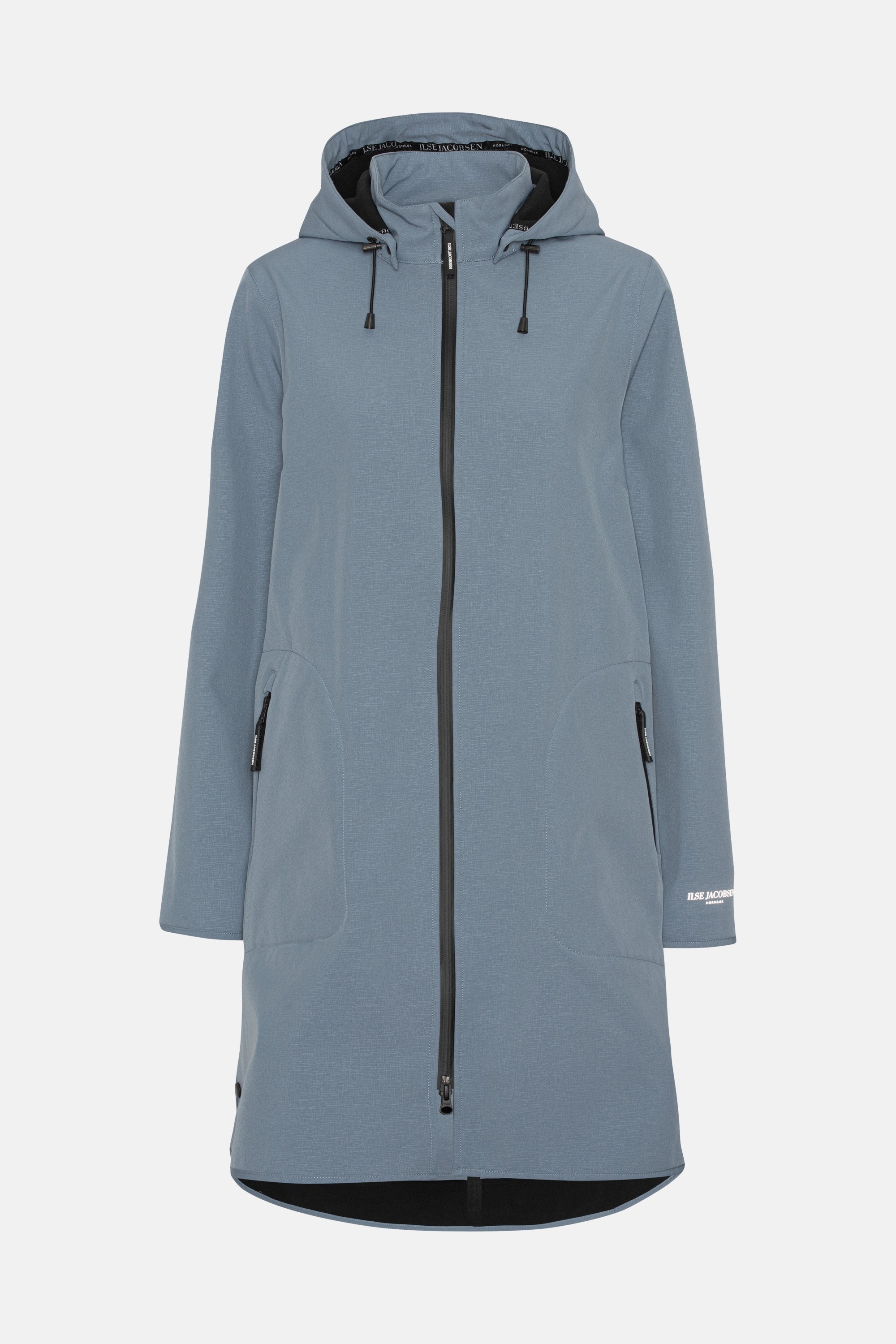 Dusky blue Ilse Jacobsen Hornbæk hooded raincoat; long sleeves, front zip, and discreet pockets. Subtle texture, curved hem.