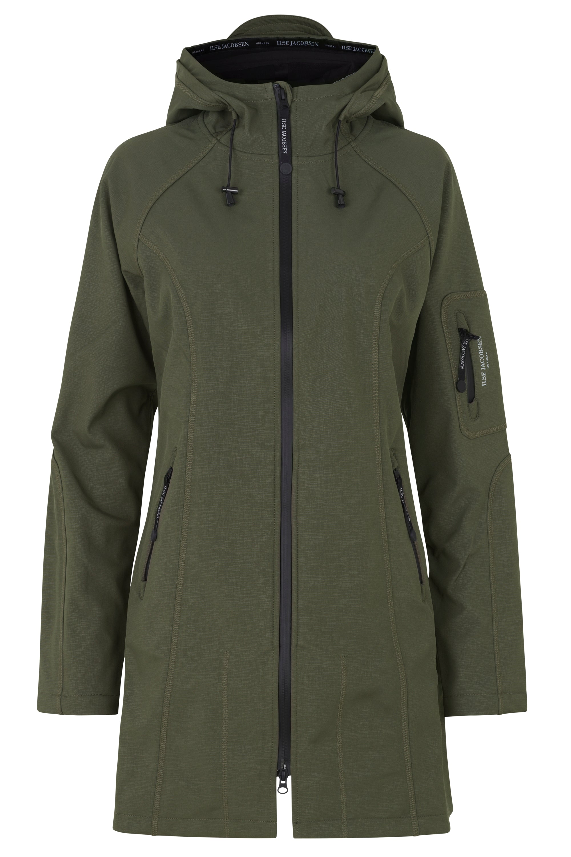 Olive green Ilse Jacobsen Softshell hooded jacket, long sleeves, black zipper, and subtle branding.