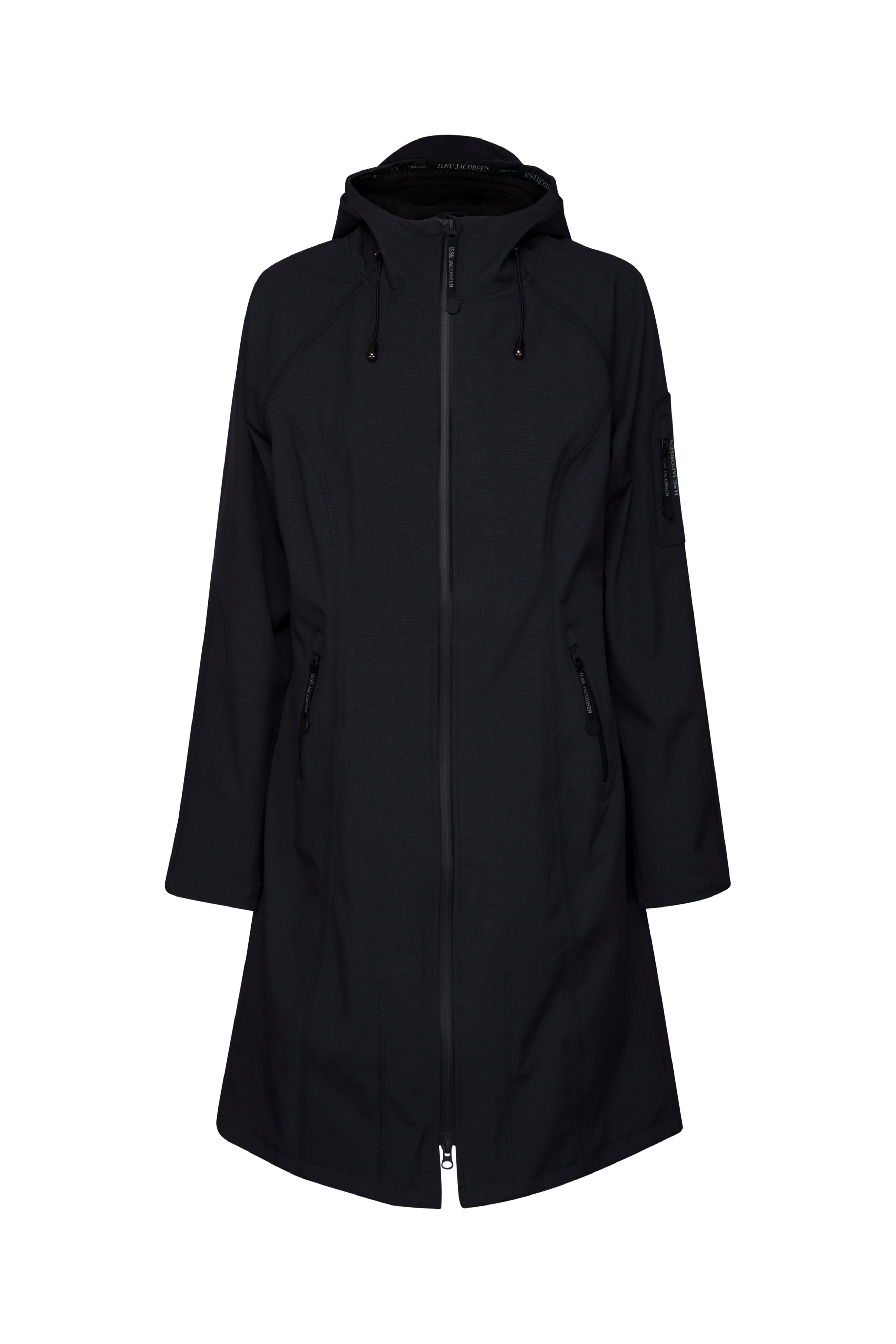 Navy blue Ilse Jacobsen Softshell hooded raincoat, front view, featuring a full-length zipper, two side pockets, and subtle