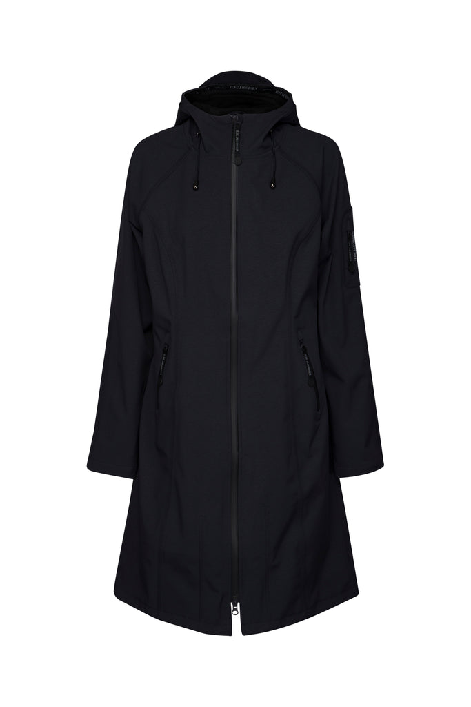 Navy blue Ilse Jacobsen Softshell hooded raincoat, front view, featuring a full-length zipper, two side pockets, and subtle
