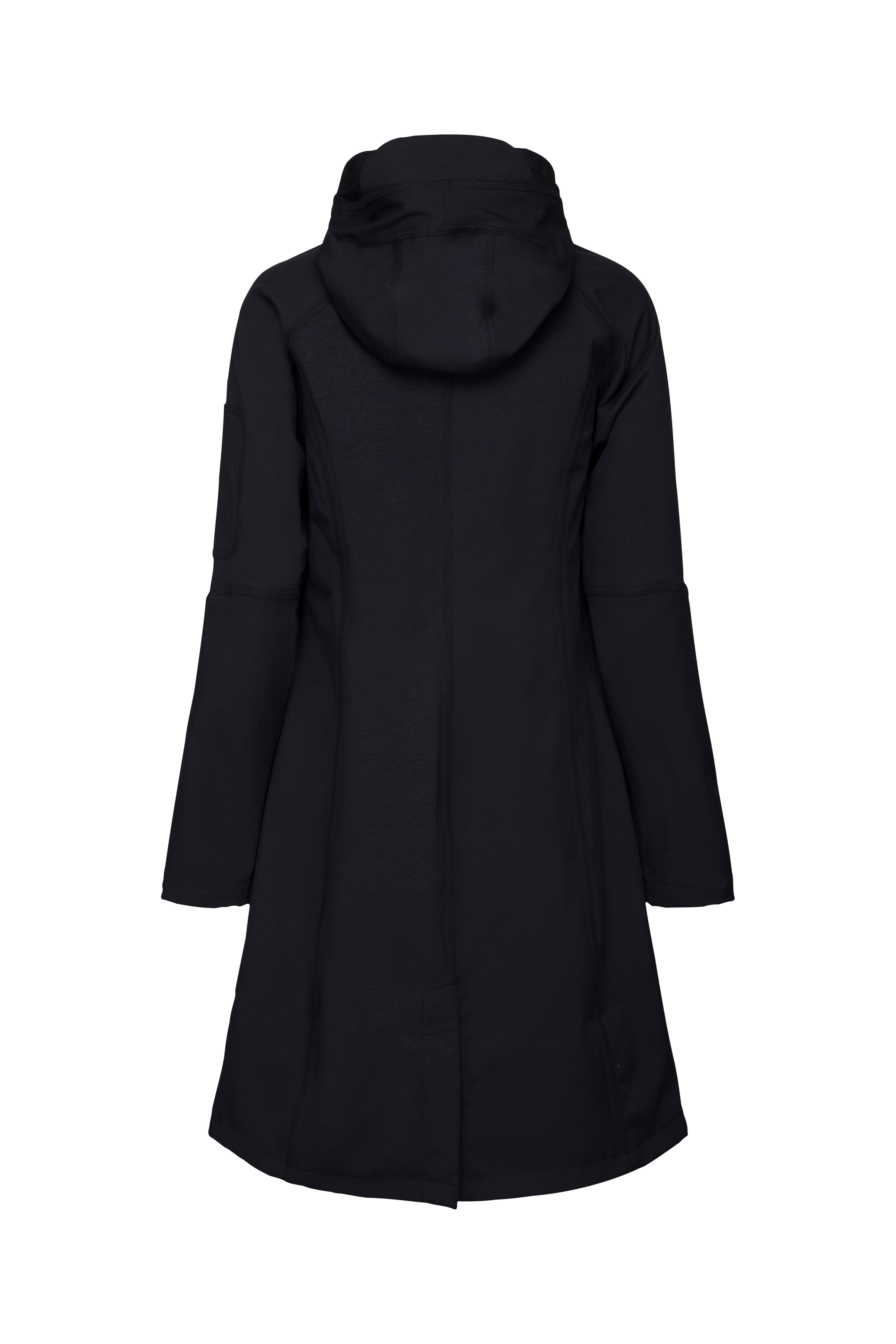 Rear view of a dark navy softshell hooded jacket with long sleeves and a slightly A-line shape. The fabric appears smooth and