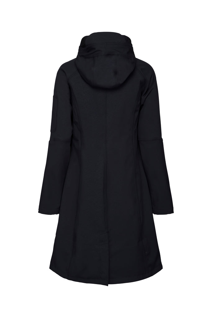 Rear view of a dark navy softshell hooded jacket with long sleeves and a slightly A-line shape. The fabric appears smooth and