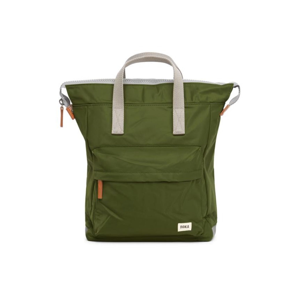 Olive green Roka backpack with light grey top handles and brown leather zipper pulls.