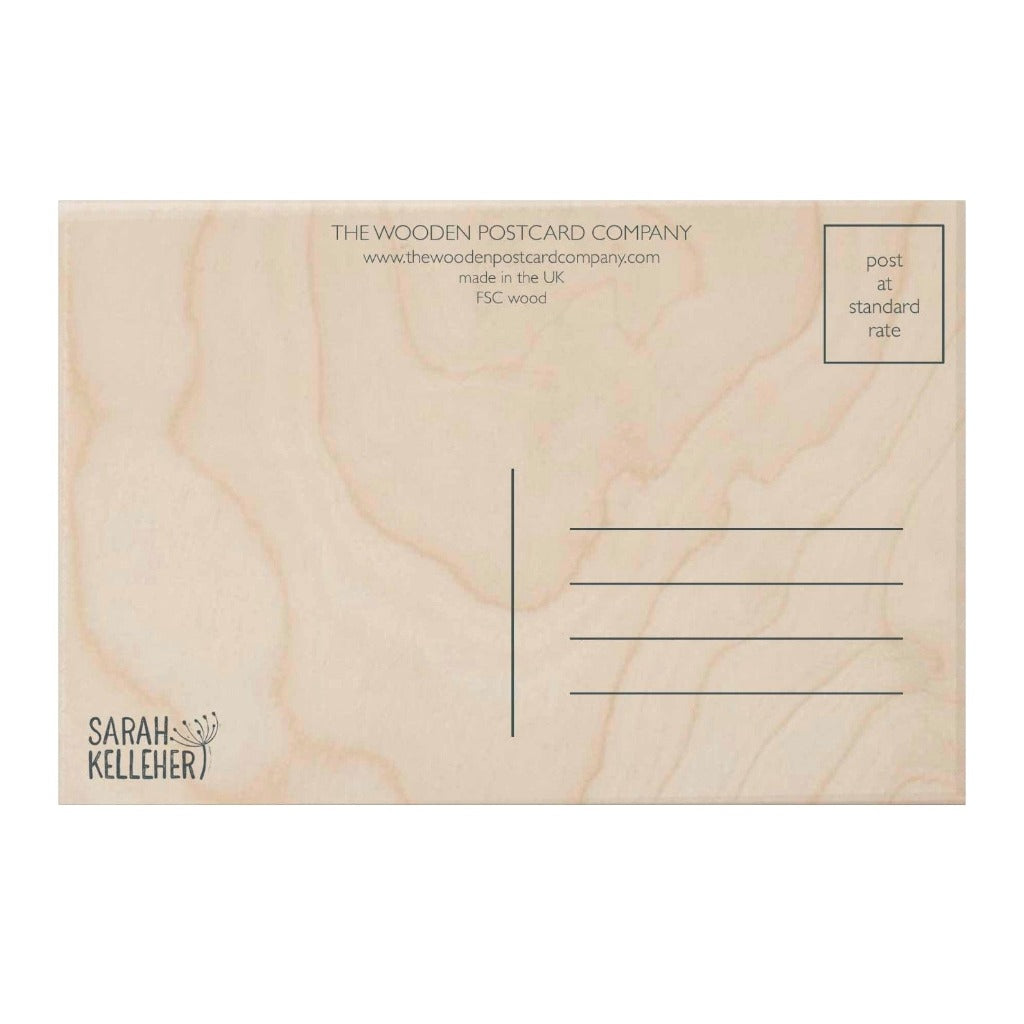 Wooden postcard back, featuring address lines, company logo, and "Sarah Kelleher" imprint.  Made in the UK from FSC wood.