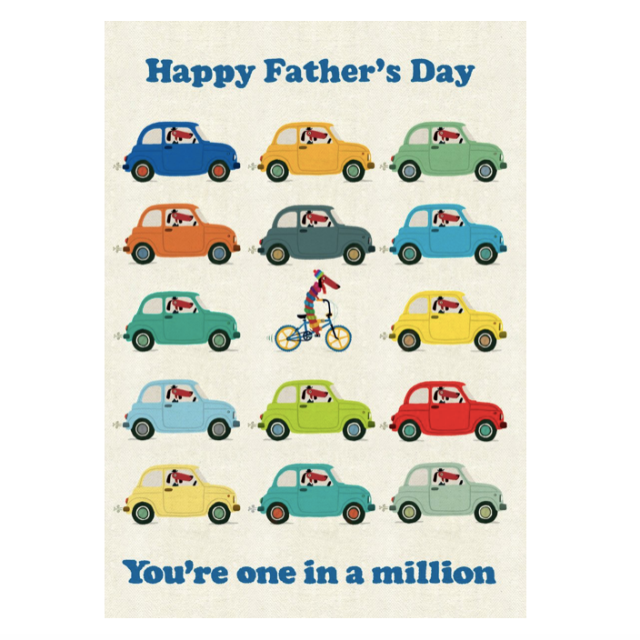 Happy Father's Day card featuring a colorful row of cars driven by dogs, with a dog on a bicycle in the center; "You're one