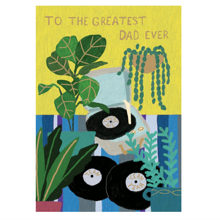 Illustration of a vintage record player with vinyl records and houseplants, text reading "To the greatest Dad ever".
