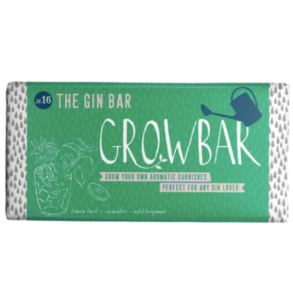 Growbar: a teal box for growing your own aromatic gin garnishes.  Includes lemon balm, cucumber, and wild bergamot.