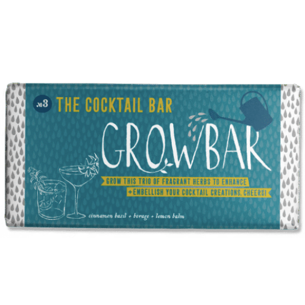 Growbar seed packet: teal packaging with illustrations of cocktails and watering can;  grows cinnamon basil, borage, and