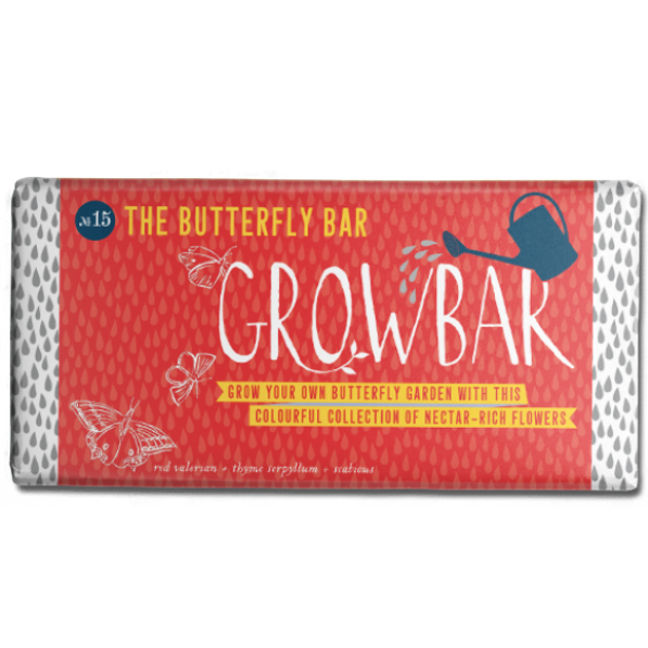 Growbar seed packet, red background with illustrations of butterflies and watering can, text reads "Grow Your Own Butterfly