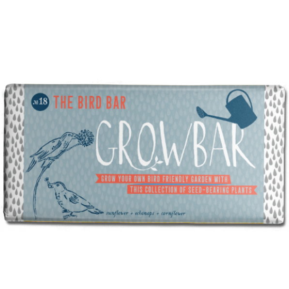 Growbar seed packet:  A blue package featuring illustrations of birds and a watering can, listing sunflower, echinops, and