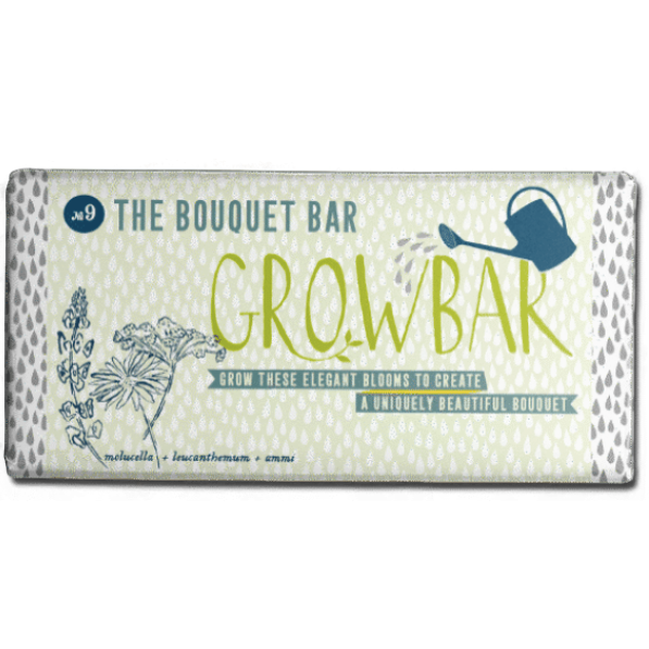 Growbar seed packet:  A light green package with illustrations of flowers and a watering can, text reads "Growbar" and "The
