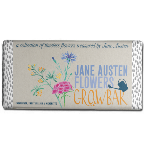 Jane Austen Flowers Growbar chocolate bar featuring watercolor wildflowers: cornflower, sweet William, and mignonette.