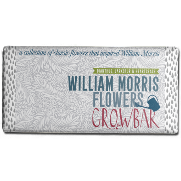 William Morris Flowers Growbar chocolate bar wrapper featuring a gray floral design.