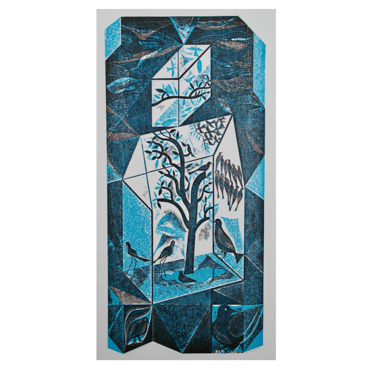 Linocut print depicting a tree enclosed in a geometric, crystalline structure; birds are situated inside and outside the