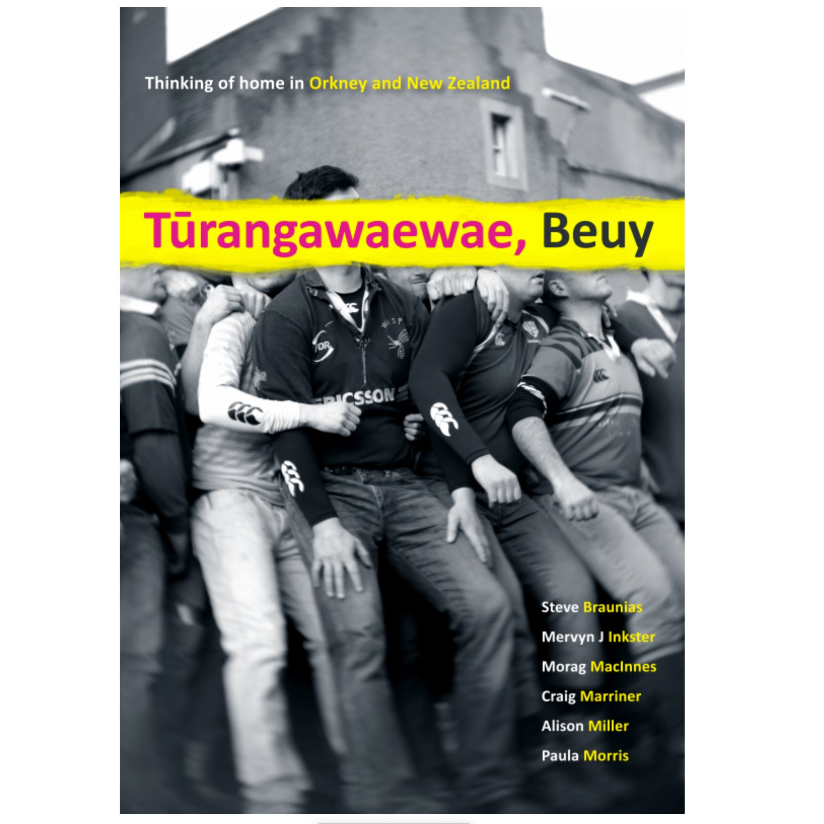 Black and white book cover featuring a group of people in rugby jerseys, arms around each other. Title: Tūrangawaewae, Beuy.