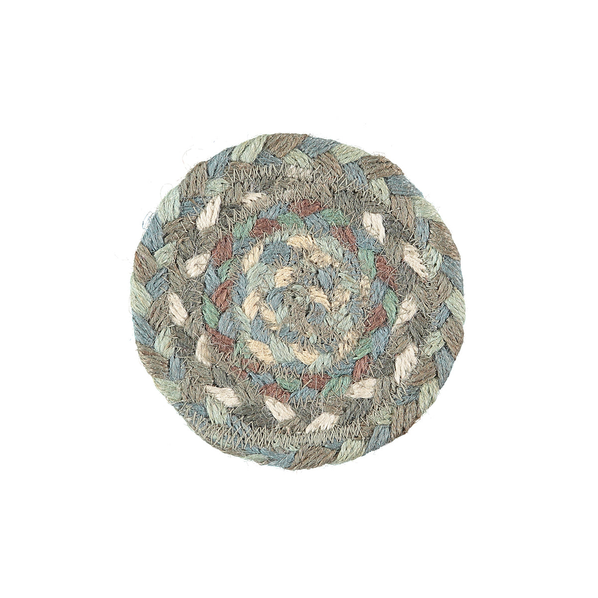 Round braided jute coaster in muted greens, browns, and creams.