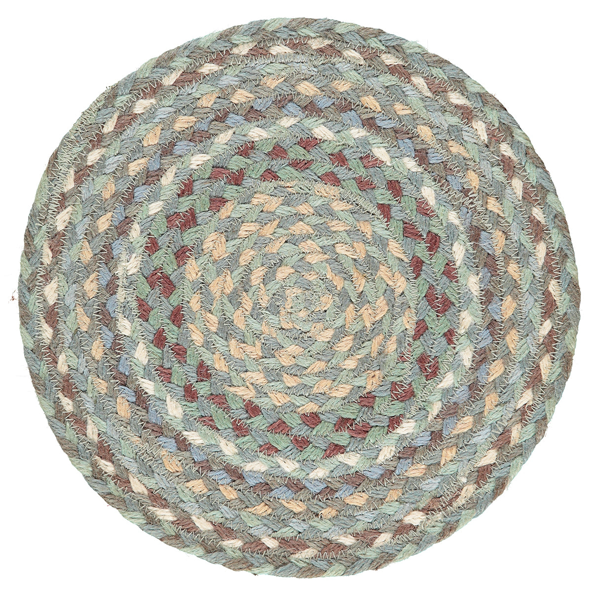 Round braided jute placemat in muted greens, blues, and browns.