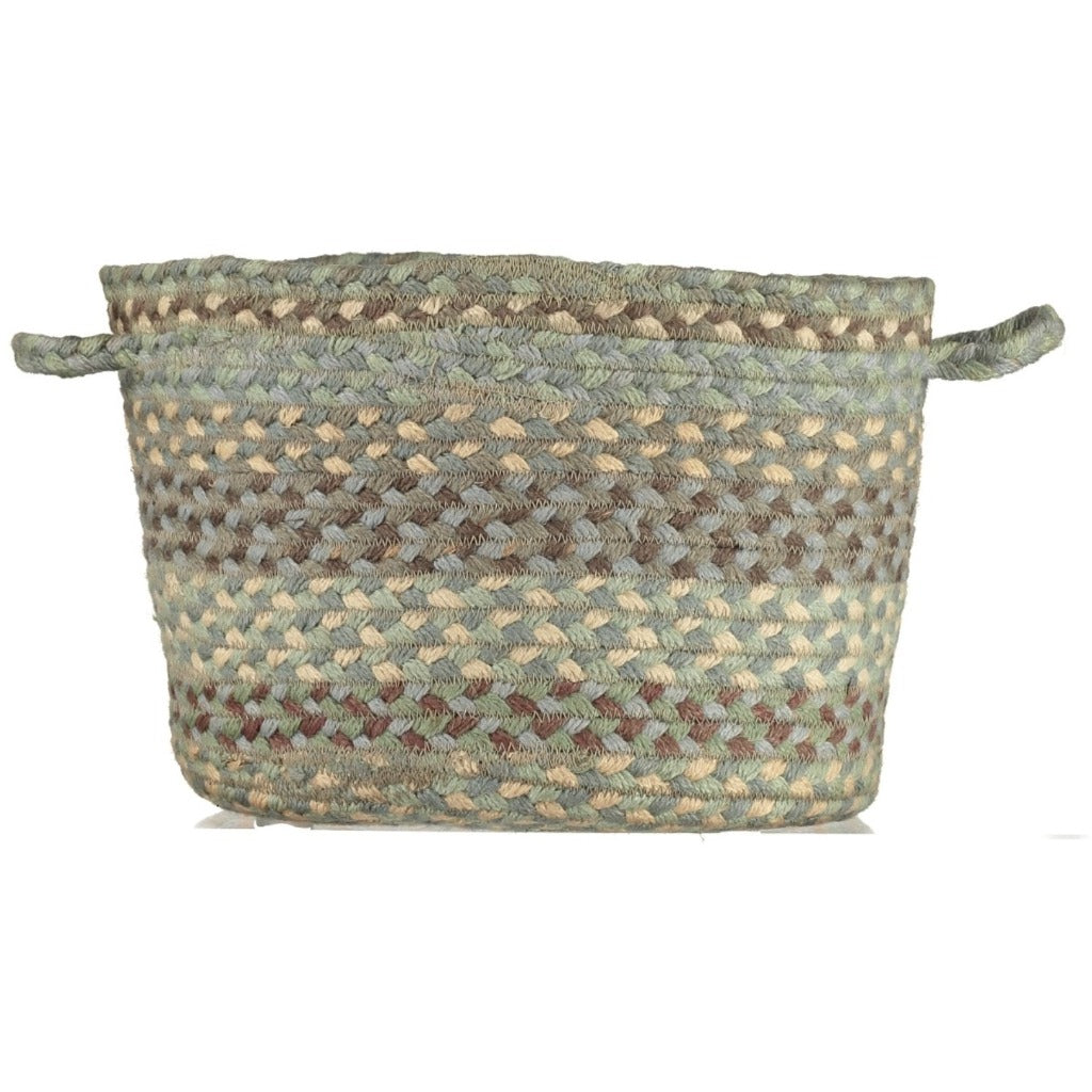 Multi-colored braided jute storage basket with two handles.
