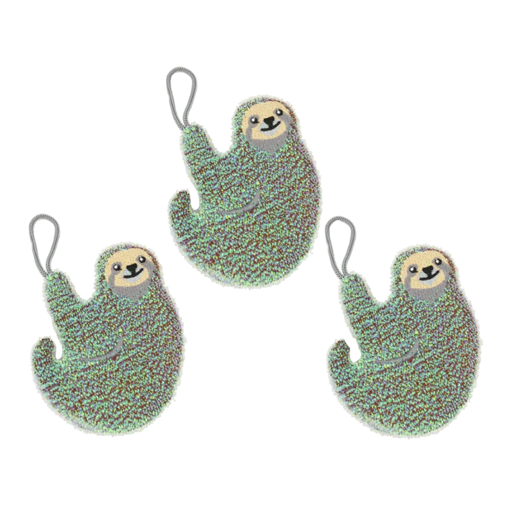 Three iridescent green sloth-shaped scrubbers with hanging loops.