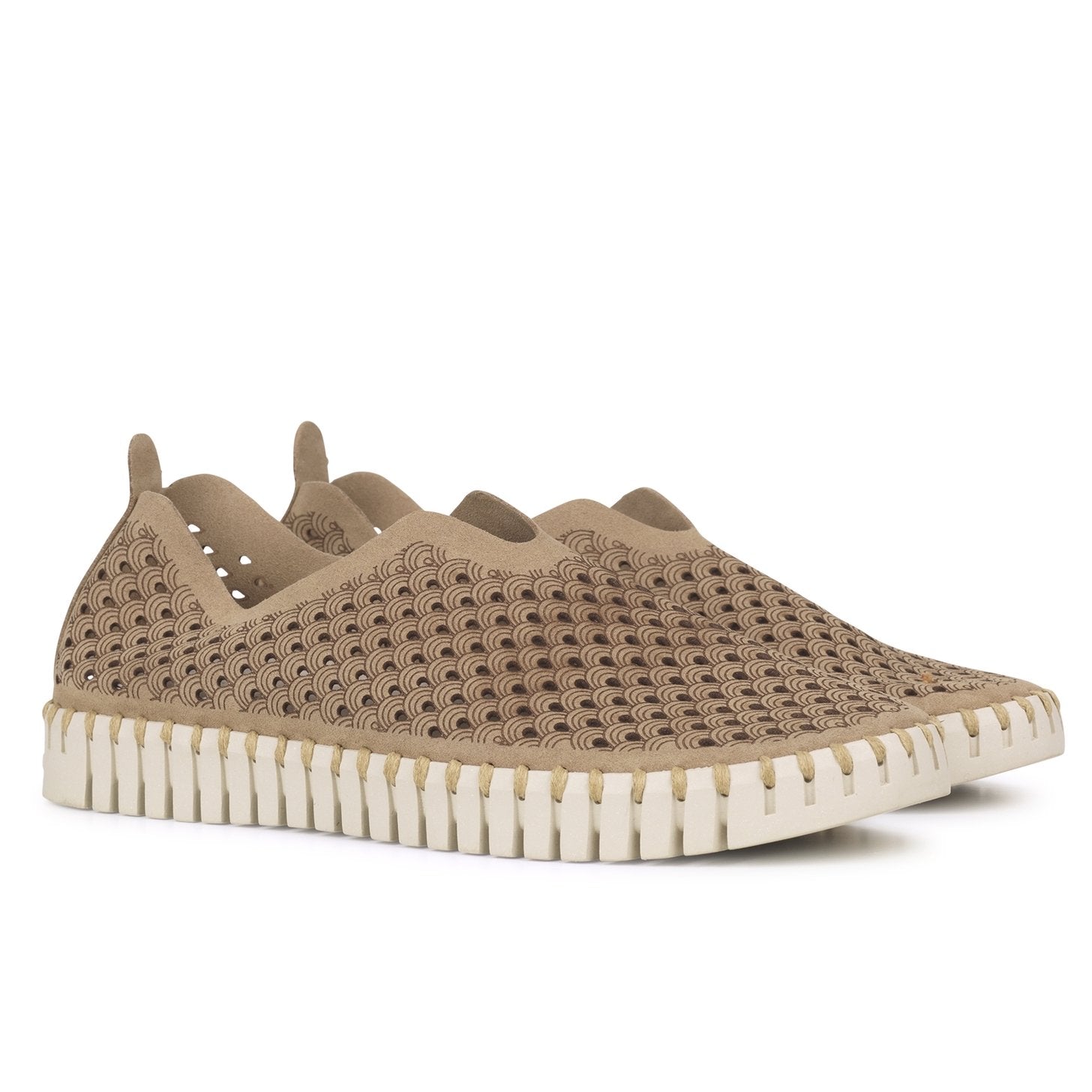 Pair of taupe slip-on shoes with a textured, wave-patterned upper and off-white scalloped sole.