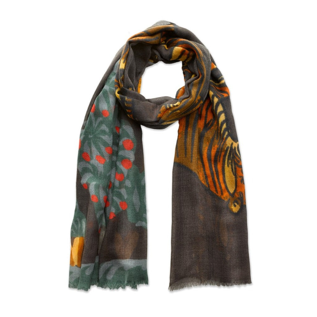 Dark gray scarf with a tiger and fruit tree print.