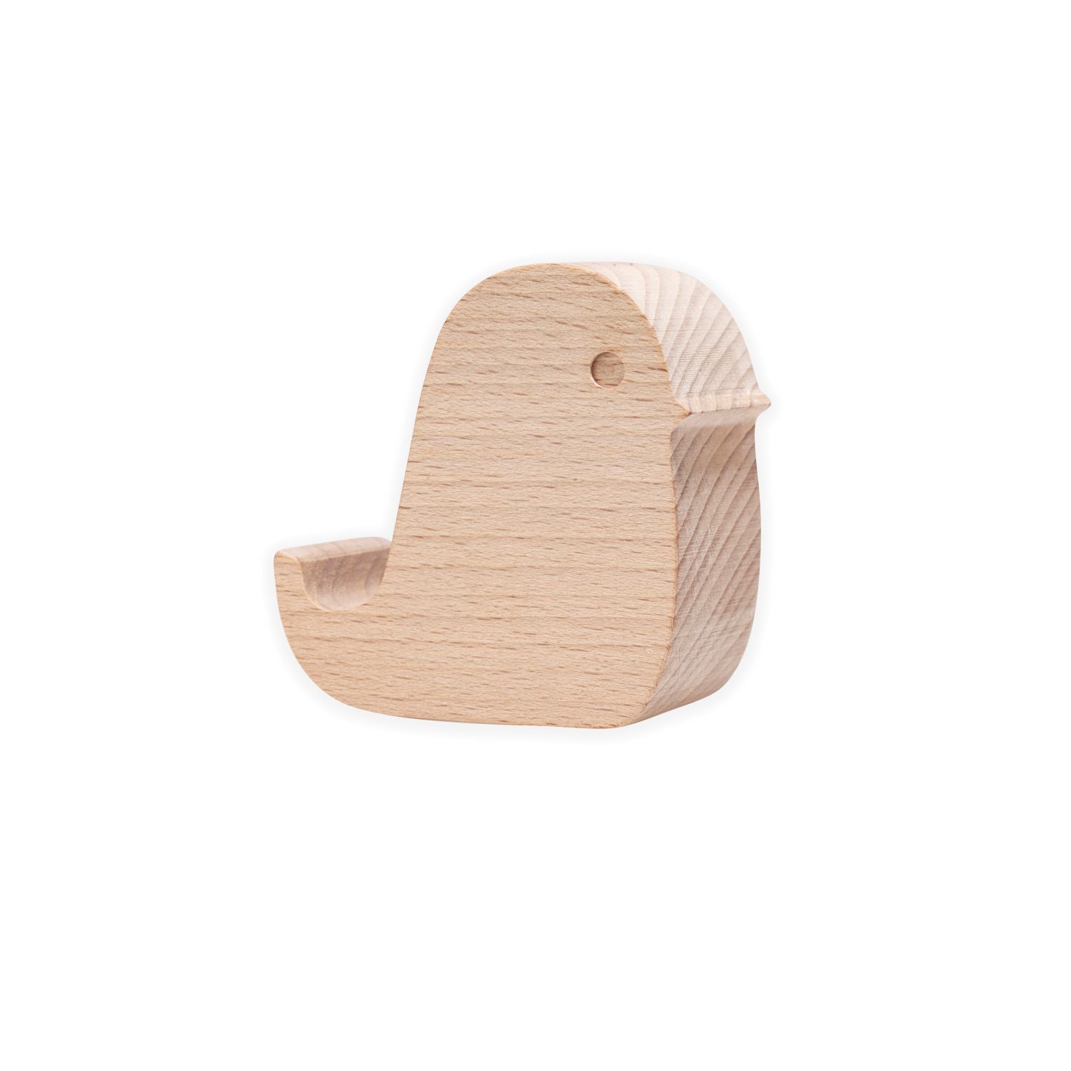 Light-colored wooden bird-shaped phone stand.