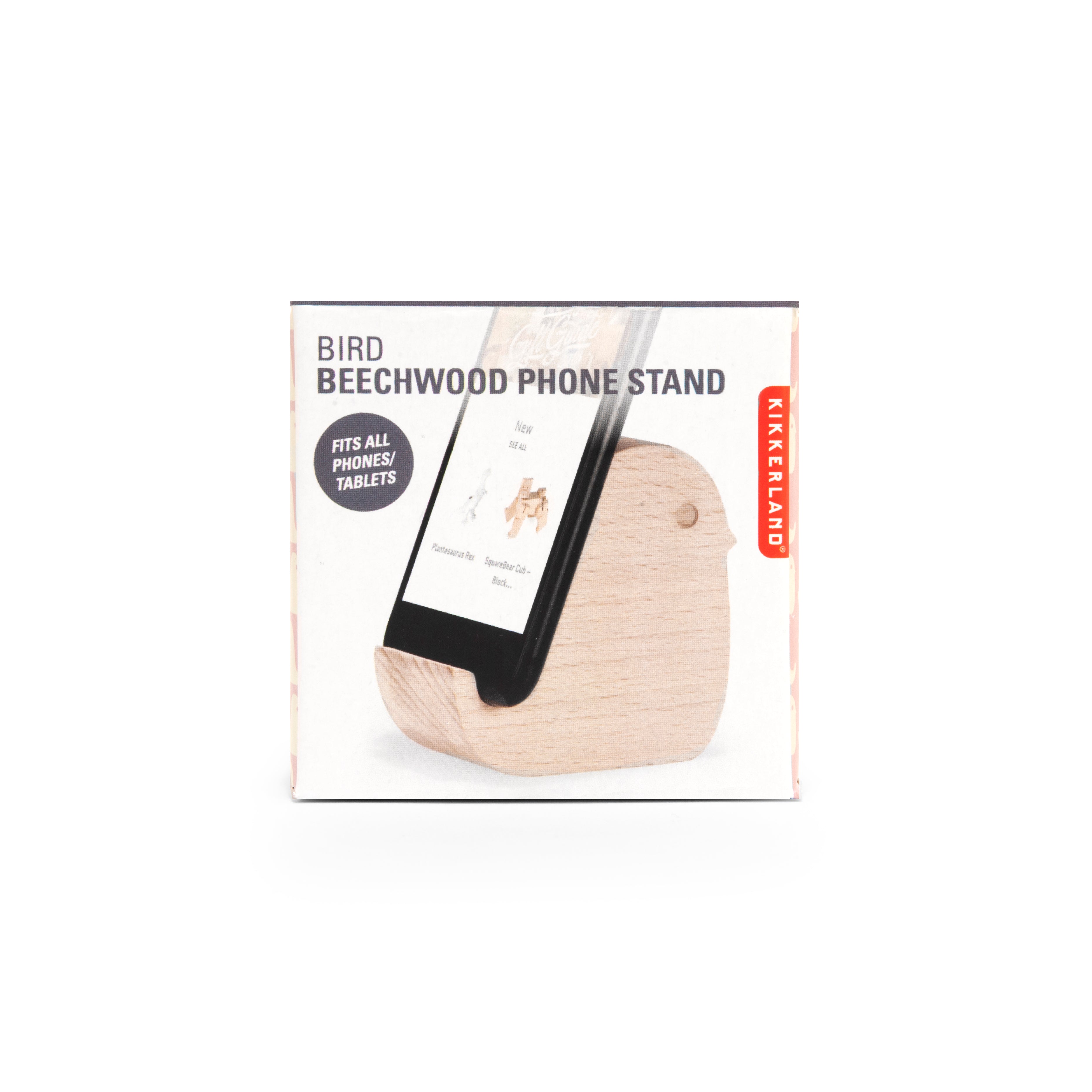 Light beige beechwood phone stand shaped like a bird, holding a smartphone.  Fits phones and tablets.