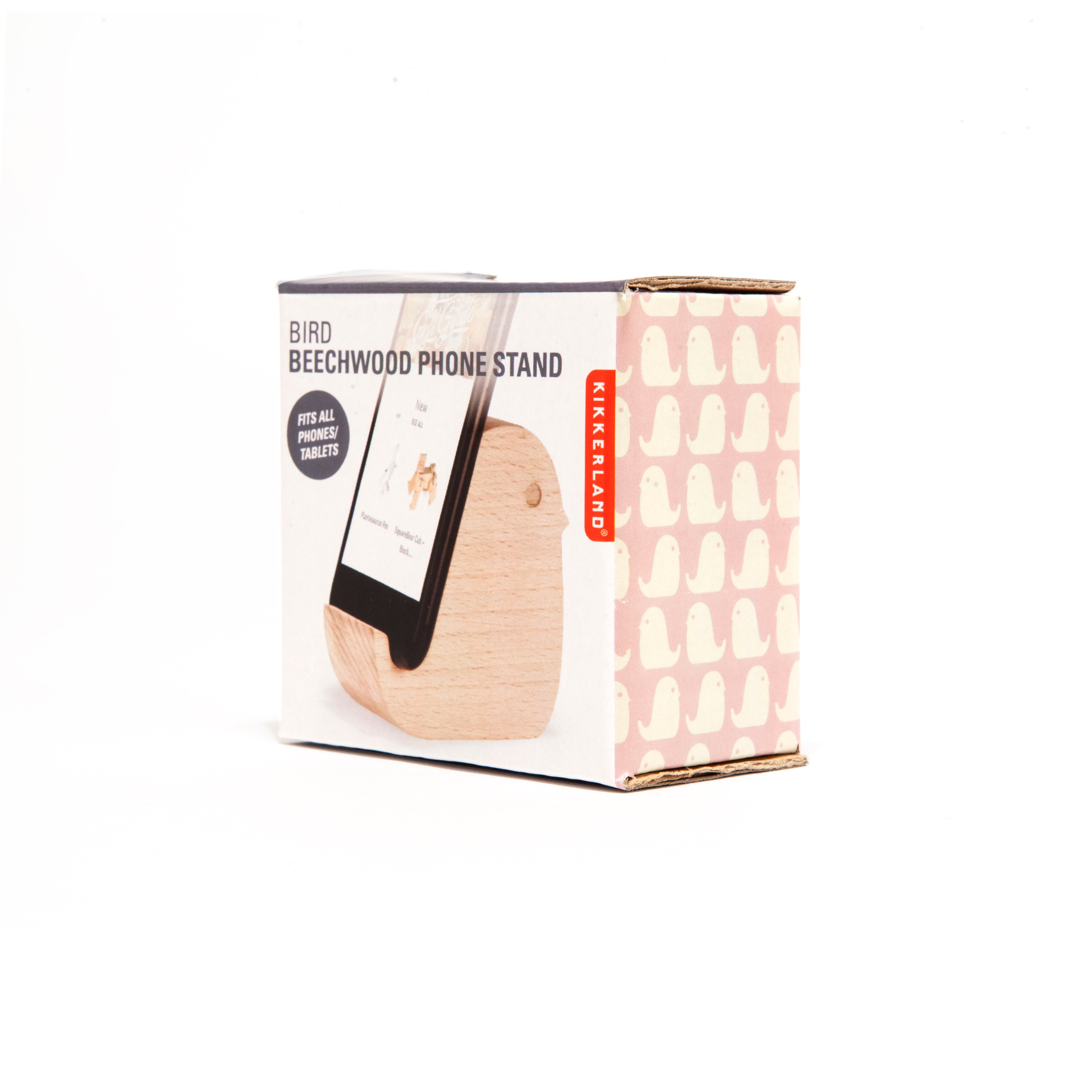 Wooden bird-shaped phone stand in its box.  The stand is light-colored wood and designed to hold phones and tablets.