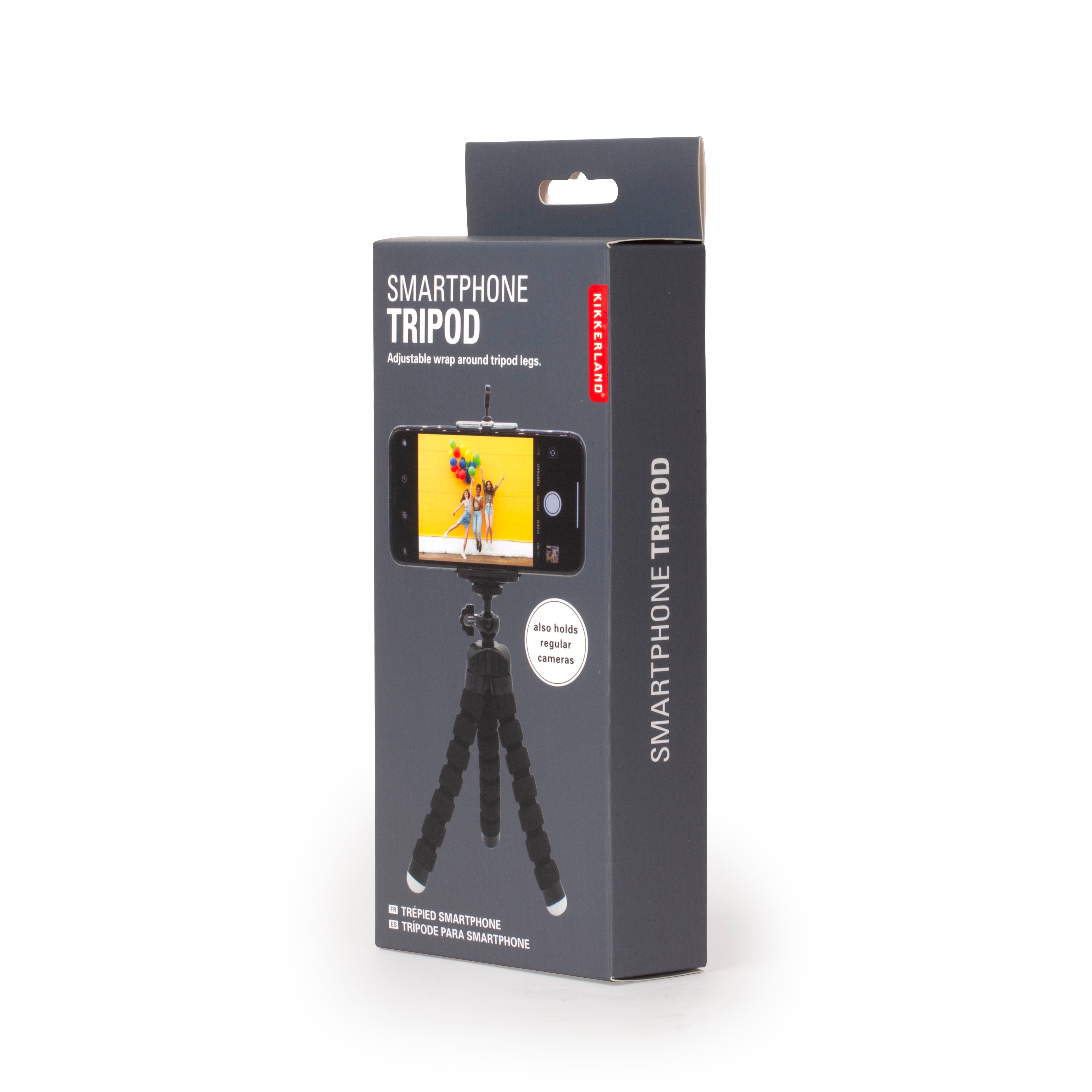 Black flexible smartphone tripod in its packaging.  The box shows the tripod holding a phone and indicates it's adjustable.