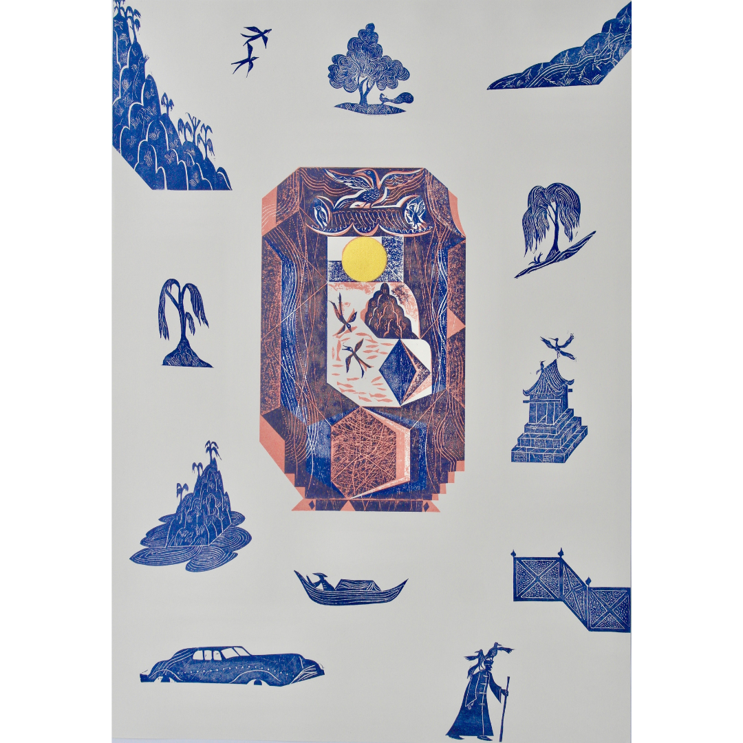 Linocut print depicting a central geometric form containing a landscape scene, surrounded by smaller images of trees, water,