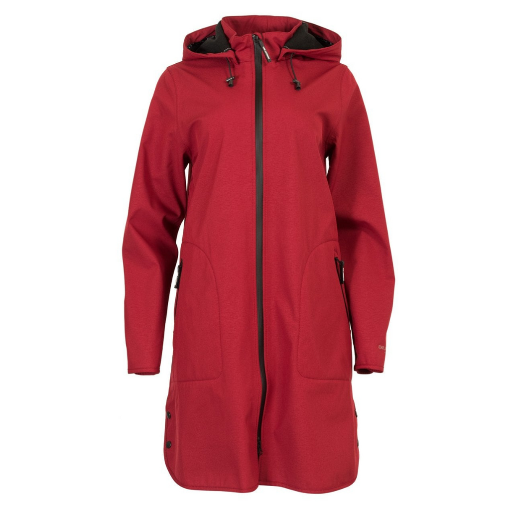 Red hooded long raincoat with black zipper and pockets. Water-resistant fabric.