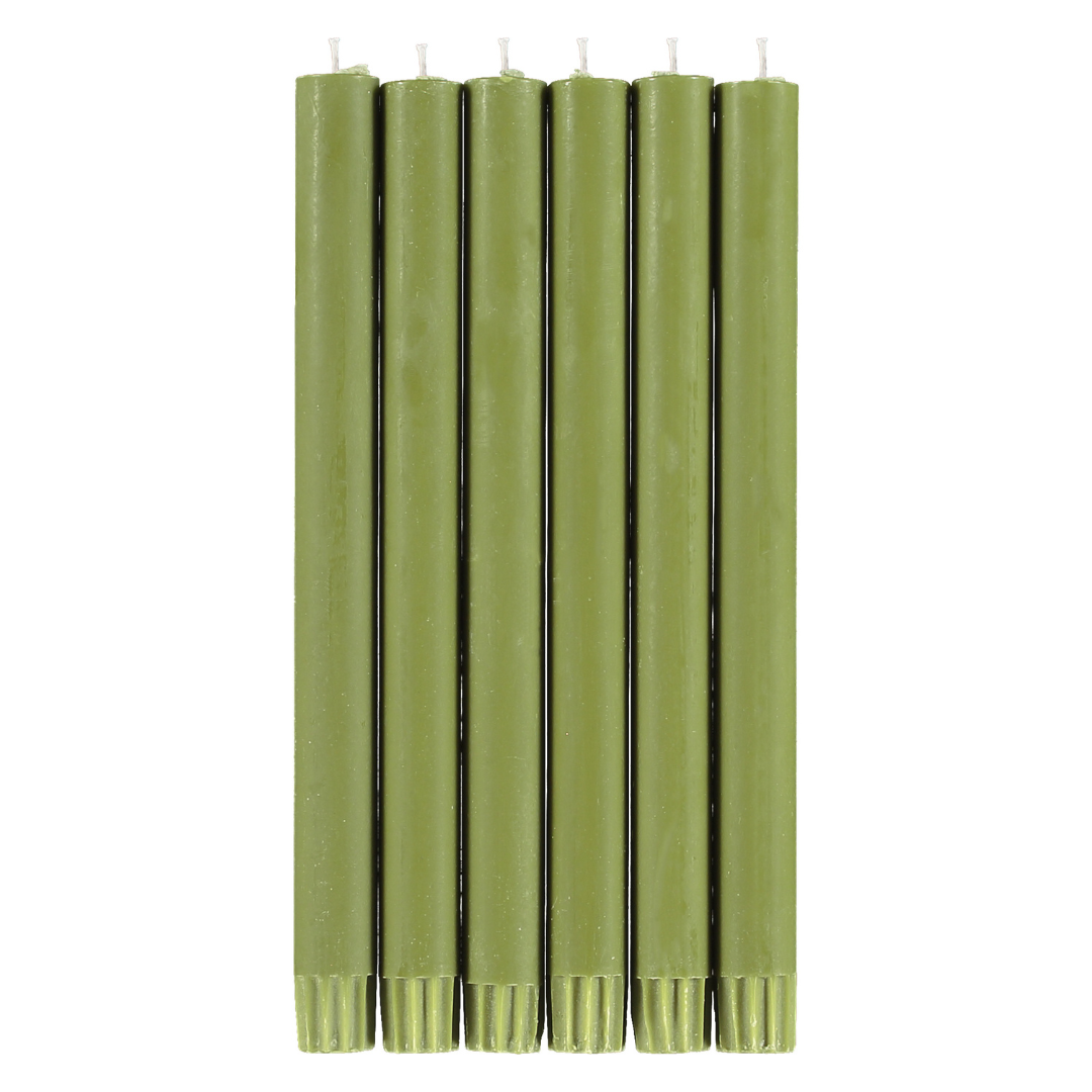 Six olive green taper candles arranged together.
