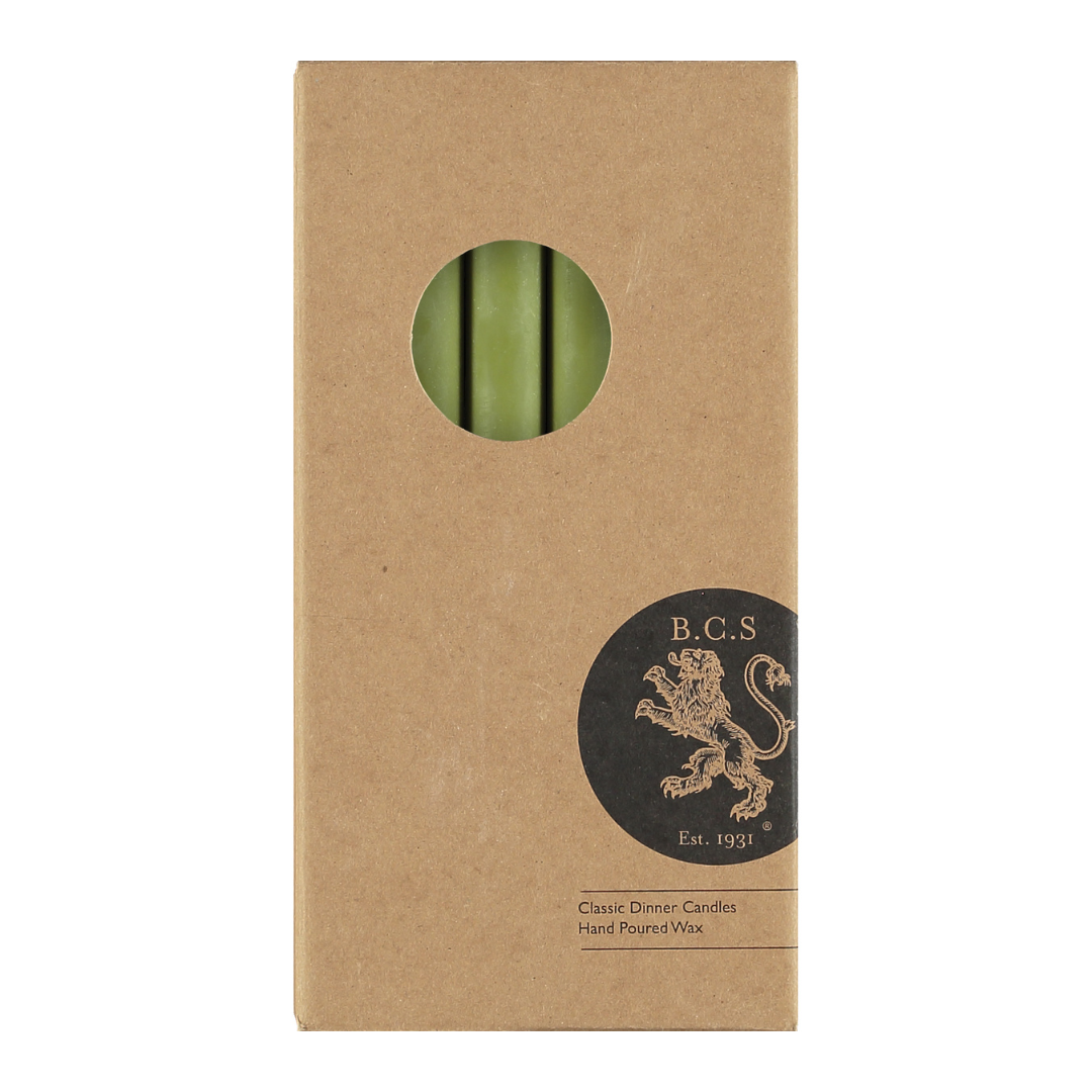 Box of three light green classic dinner candles, hand-poured wax.