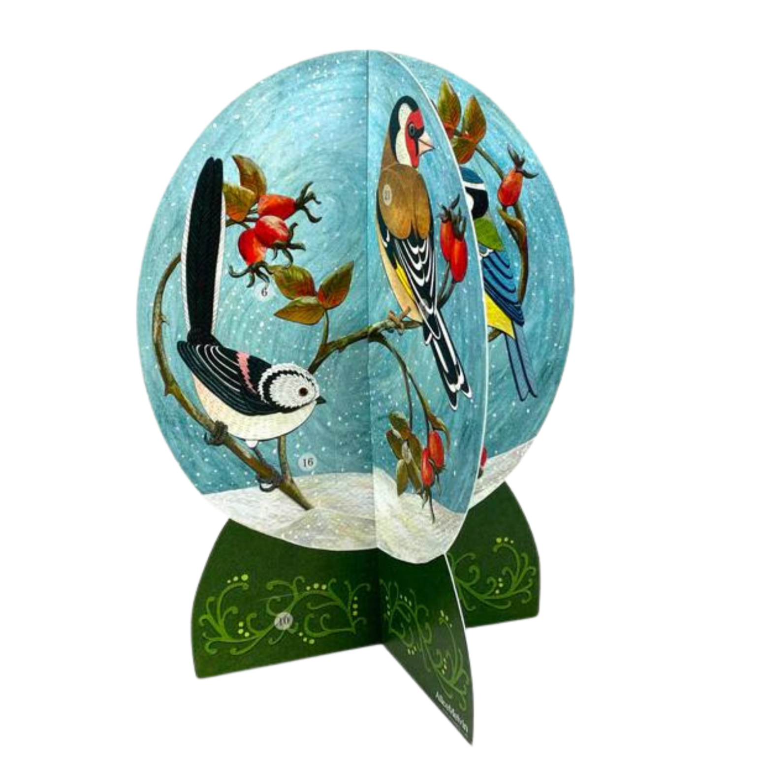 Circular winter bird scene; three birds perched on a snow-covered branch with red berries.