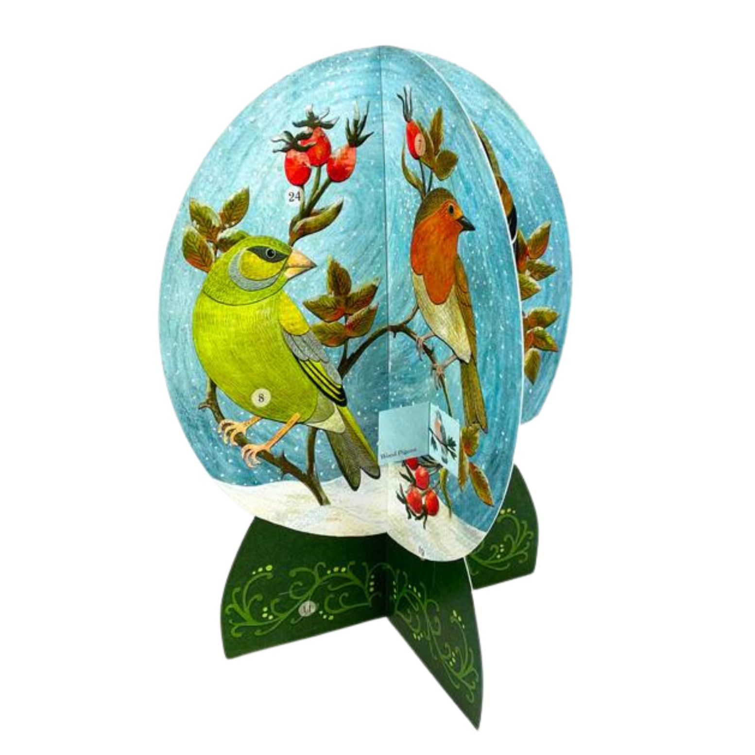 Multi-layered, illustrated bird-themed holiday decoration.  Features a greenfinch, robin, and other birds on a winter scene.