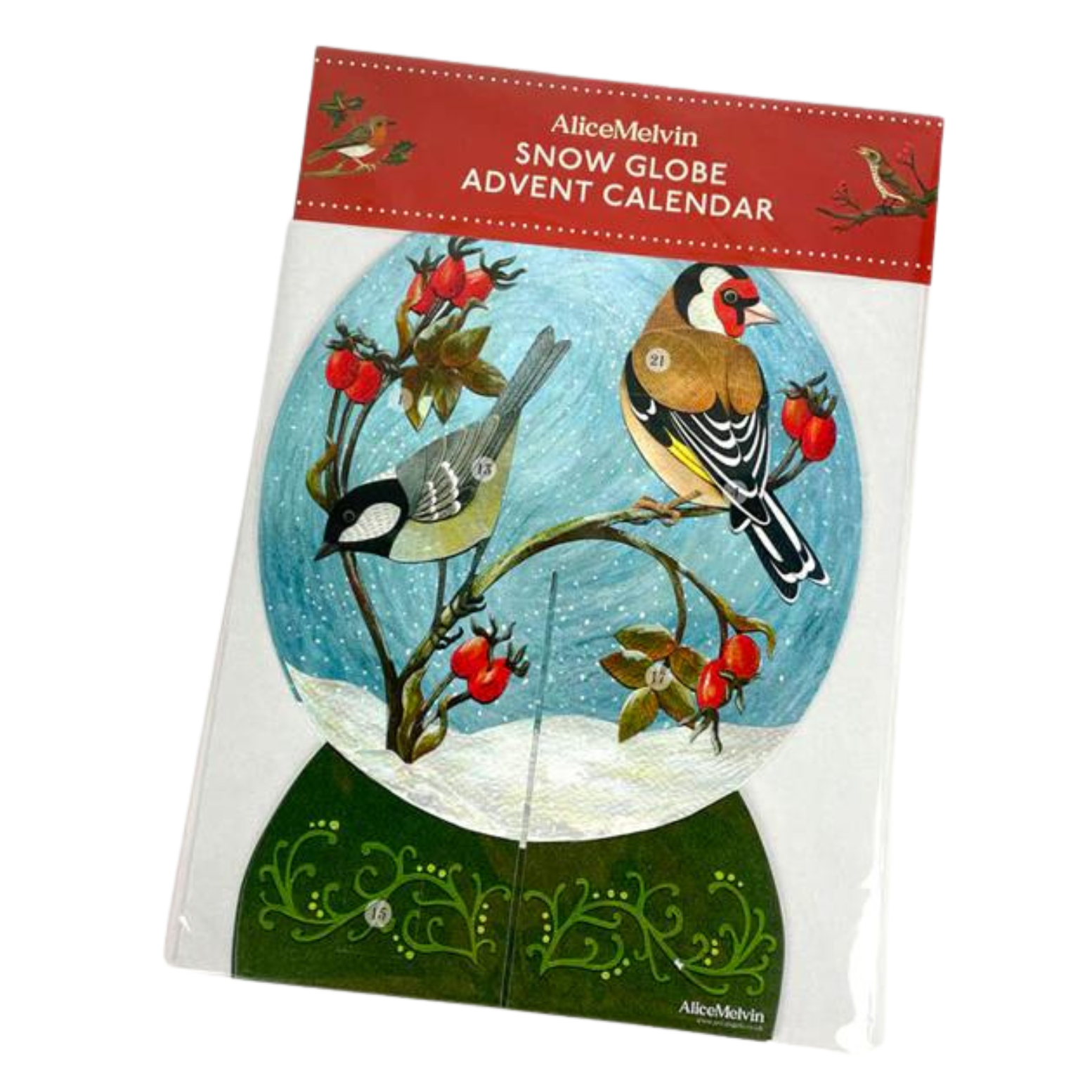 Alice Melvin snow globe advent calendar featuring two birds on a snowy branch with red berries.